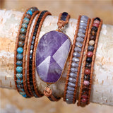 Amethysts Crystals Leather Wrap Bracelet Natural Stone Five Layers