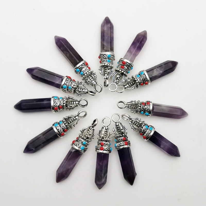 Amethyst Natural Stone Crystal Pillar Pendant Necklace Charm 12PCS