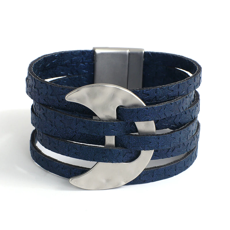 Moon Charm Leather Bracelet Boho Wrap Stars Print Jewelry