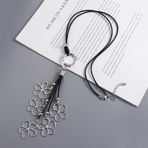Big Silver Heart Pendant Leather Necklace Boho Ethnic Jewelry