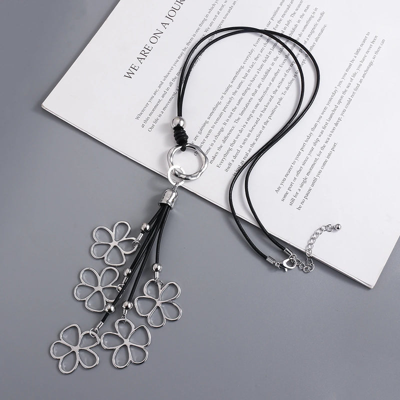 Big Silver Heart Pendant Leather Necklace Boho Ethnic Jewelry