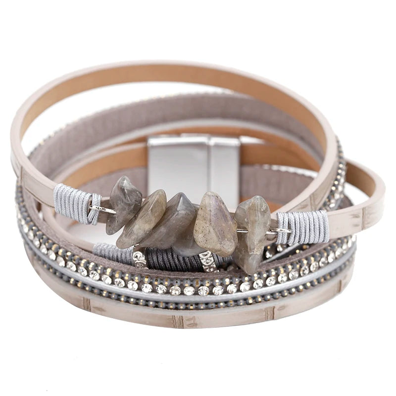 Bohemian Crystal Beads Charm Bracelet Rhinestone Multilayer Leather Jewelry