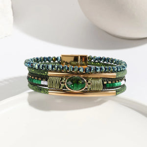 Boho Leather Wrap Bracelet Crystal Beads Stone Charm Cuff