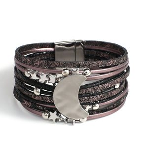 Bohemian Metal Moon Stars Beads Charm Leather Wrap Bracelet