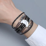 Bohemian Metal Moon Stars Beads Charm Leather Wrap Bracelet