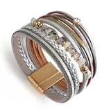 Boho Stone Charm Bracelet Multilayer Wide Leather Wrap for Women