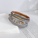 Boho Stone Charm Bracelet Multilayer Wide Leather Wrap for Women