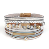 Boho Stone Charm Bracelet Multilayer Wide Leather Wrap for Women
