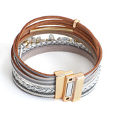 Boho Stone Charm Bracelet Multilayer Wide Leather Wrap for Women
