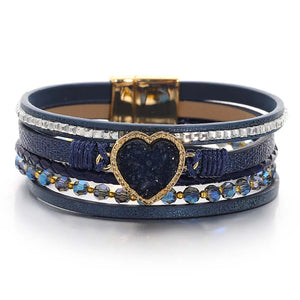 Boho PU Leather Beaded Bracelet Heart Stones Braided Hand Jewelry