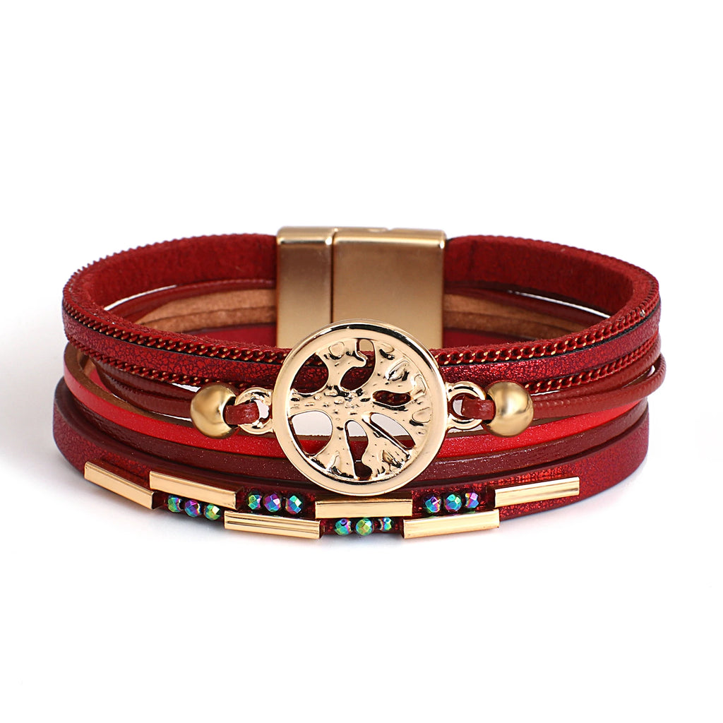 Boho Tree of Life Charm Bracelet Colorful Beads Leather Wrap