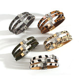 Boho Leopard Print Rhinestone Bracelet Cowhide Leather Jewelry