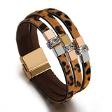 Boho Leopard Print Rhinestone Bracelet Cowhide Leather Jewelry