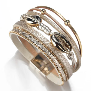 Boho Shell Beads Leather Bracelet Women Wide Wrap Bangle