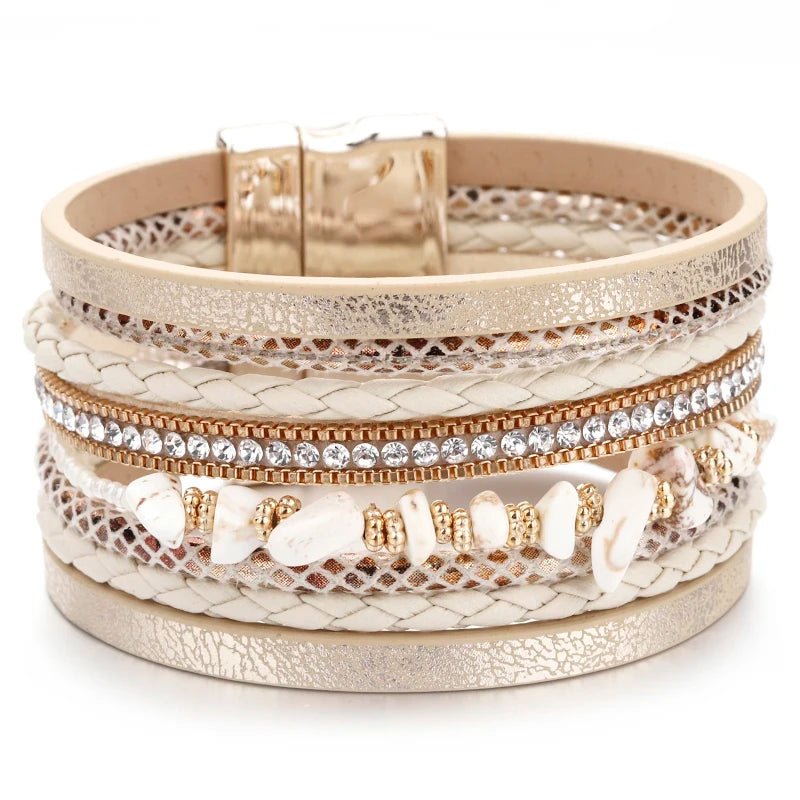 Boho Natural Stone Leather Bracelet for Women