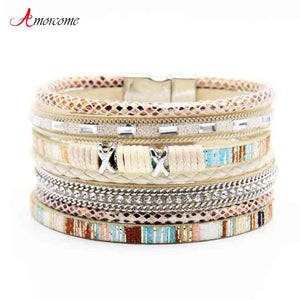 Boho Wrap Bracelets for Women Braided Leather Rope Multi-Layer Cuff Bangle