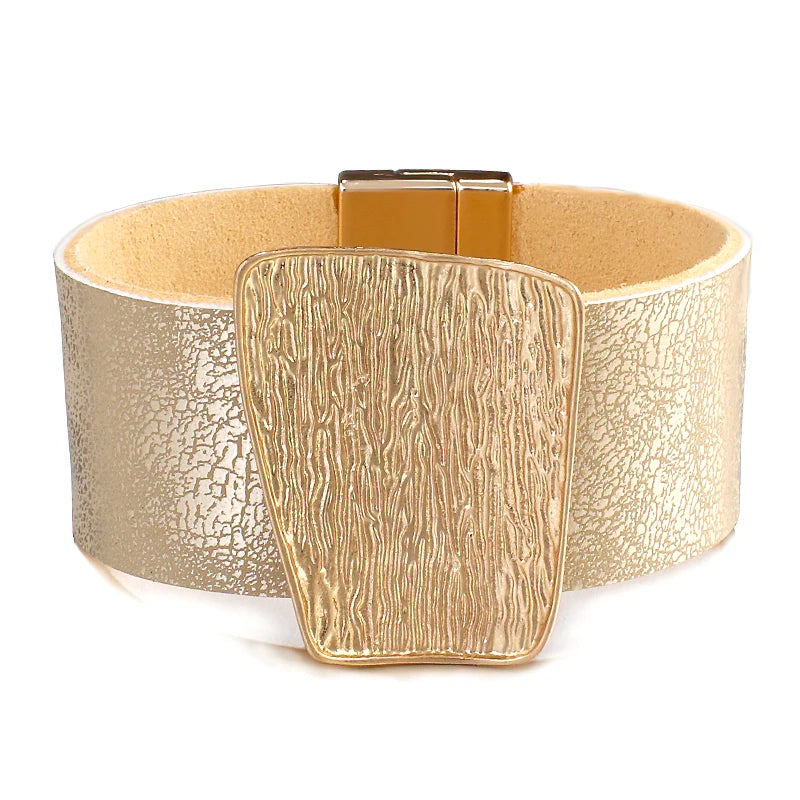 Champagne Metal Charm Leather Bracelet for Women Femme Wide Wrap Bracelets