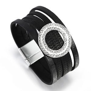 Rhinestone Hollow Circle Bracelets Multilayer Leather Wrap Jewelry
