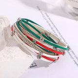 Xmas Crystal Studded Bracelet Red Green Double Wrap Multilayer