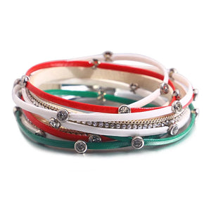 Xmas Crystal Studded Bracelet Red Green Double Wrap Multilayer
