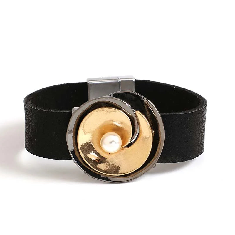 Metal Flower Charm Leather Wrap Bracelet for Women