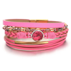 Bright Colors Leather Wrap Braided Bracelets Crystal Beads Multilayer Wrap