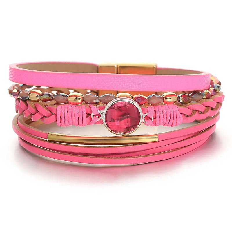 Bright Colors Leather Wrap Braided Bracelets Crystal Beads Multilayer Wrap