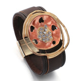 Geometric Hollow Round Metal Charm Leather Bracelet for Women Wide Wrap Bangle