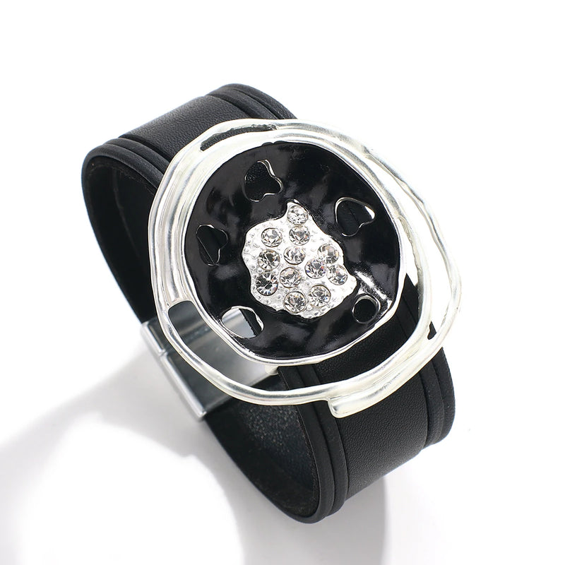 Geometric Hollow Round Metal Charm Leather Bracelet for Women Wide Wrap Bangle