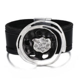 Geometric Hollow Round Metal Charm Leather Bracelet for Women Wide Wrap Bangle