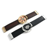 Geometric Hollow Round Metal Charm Leather Bracelet for Women Wide Wrap Bangle