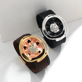 Geometric Hollow Round Metal Charm Leather Bracelet for Women Wide Wrap Bangle