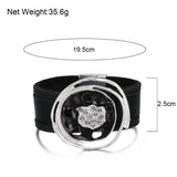 Geometric Hollow Round Metal Charm Leather Bracelet for Women Wide Wrap Bangle