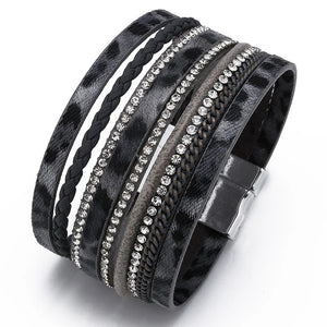 Leopard Print Leather Wrap Bracelet with Rhinestone Wide Design