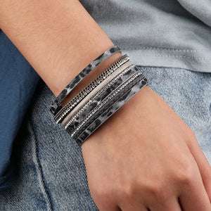 Leopard Print Leather Wrap Bracelet with Rhinestone Wide Design