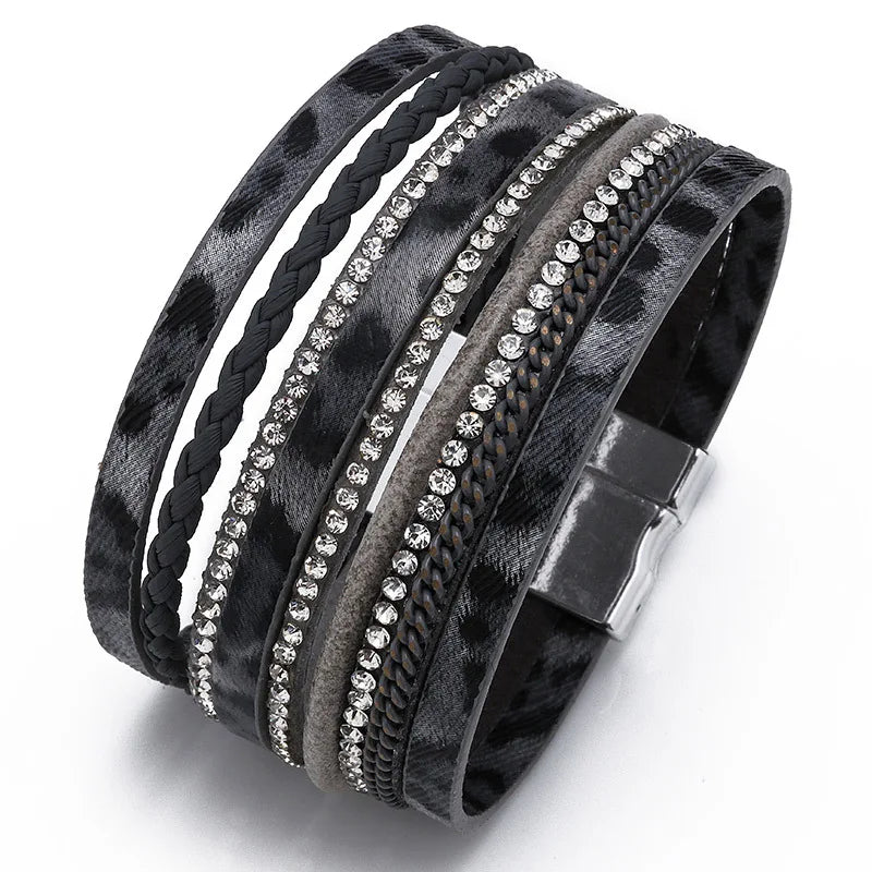 Leopard Print Leather Wrap Bracelet with Rhinestone Wide Design