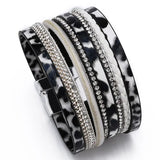Leopard Print Leather Wrap Bracelet with Rhinestone Wide Design