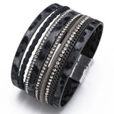 Leopard Print Leather Wrap Bracelet with Rhinestone Wide Design
