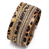 Leopard Print Leather Wrap Bracelet with Rhinestone Wide Design