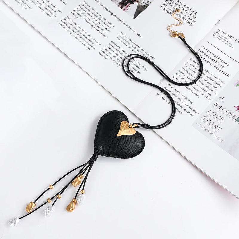 Ethnic Heart Pendant Collar Leather Necklace Metal Beads Tassel Chains