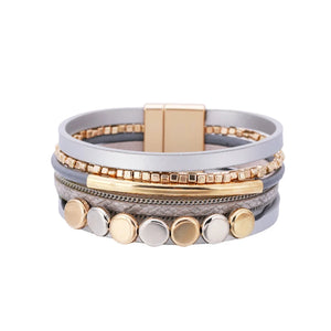 Metal Beads Charm Leather Wrap Bracelet Magnetic Clasp