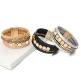 Metal Beads Charm Leather Wrap Bracelet Magnetic Clasp