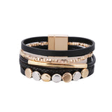 Metal Beads Charm Leather Wrap Bracelet Magnetic Clasp