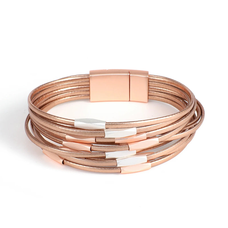 Metal Tubes Beaded Leather Cord Bracelet Magnetic Clasp Women Wrap Bracelets