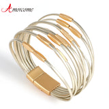 Metal Tubes Beaded Leather Cord Bracelet Magnetic Clasp Women Wrap Bracelets