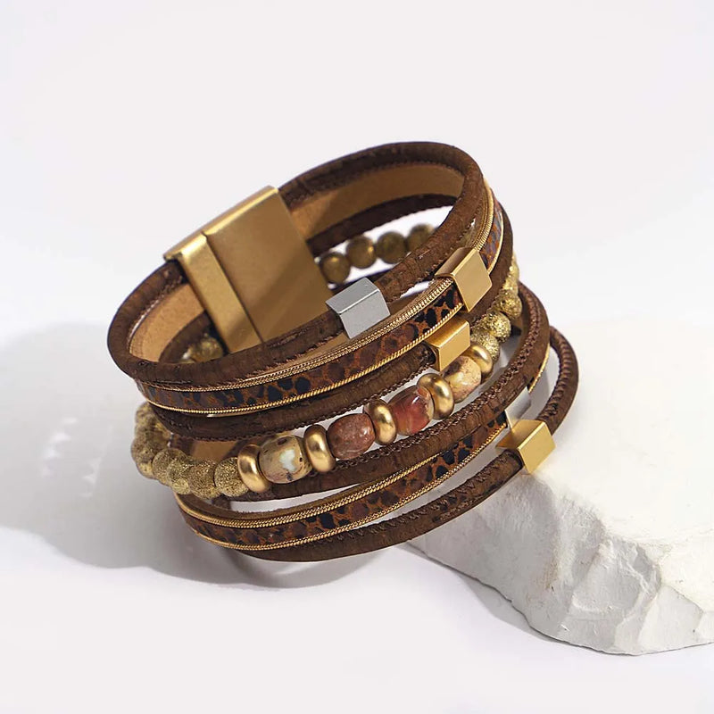 Multilayer Geometric Metal Circle Heart Charm Leather Bracelet