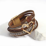 Multilayer Geometric Metal Circle Heart Charm Leather Bracelet