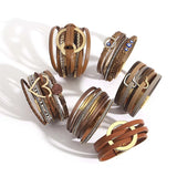 Multilayer Geometric Metal Circle Heart Charm Leather Bracelet