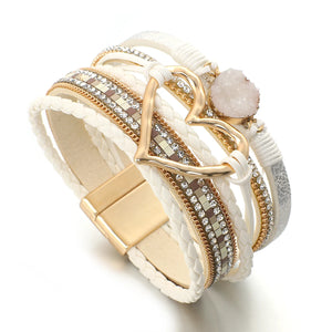 Leather Wrap Bracelet for Women with Heart Charm Resin Stone Wristbands