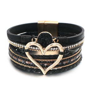 Leather Wrap Bracelet for Women with Heart Charm Resin Stone Wristbands